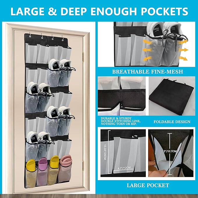 Over The Door Shoe Organizers with 24 Mesh Pockets Shoe Organizer Storage Hanging SimpleHouseware Shoe Holder for Rack (White Black)
