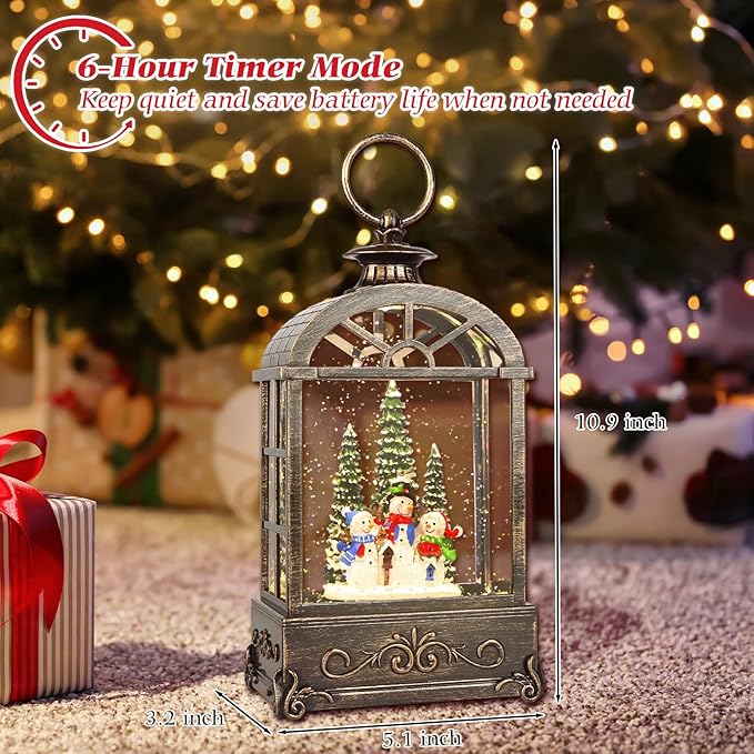 Christmas Snow Globe Lantern,Christmas Decorations Indoor for Home,with 6 Hour Timer Musical Snow Globes,Battery Or USB Powered Swirling Glitter Lantern Christmas Decor Gifts,Snowman Family