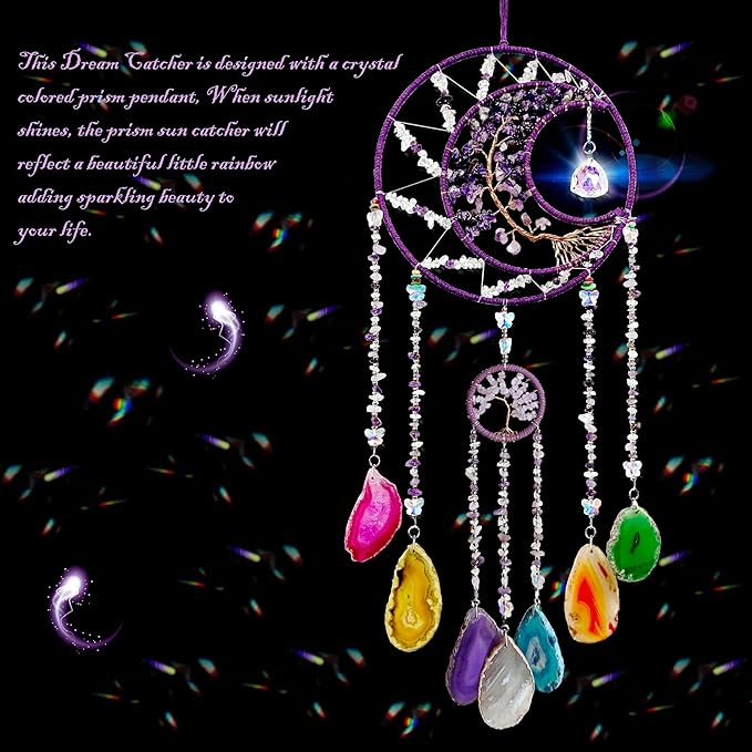 Large Dream Catchers, Crystal Tree of Life Dreamcatcher with Rainbow Healing Agate Slice Wind Chime Suncatcher for Windows Hangings Prism Decoration Gifts for Adult Girls Bedroom Garden Room Decor