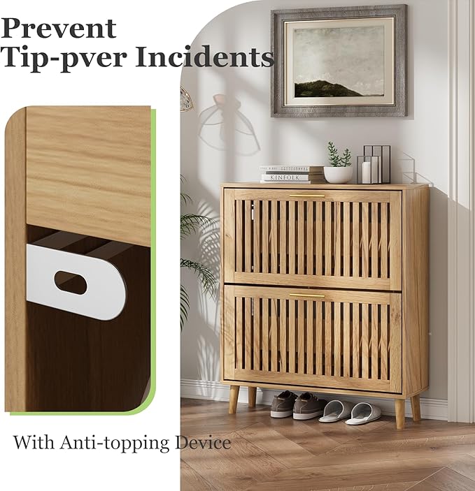 Shoe Storage Cabinet with Louvered 2 Flip Drawers, Narrow Shoe Cabinet Storage for Entryway, Freestanding Shoe Organizer Cabinet with Golden Handles, Slim Shoe Rack Cabinet 31.5in(Natural Wood)