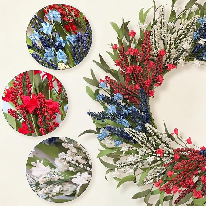 TEMPUS 24 Inch Artificial Wheat Wreath for Front Door, Handcrafted Red White Blue Patriotic Wreath with Willow Leaves, Americana Decor for Memorial Day, 4th of July, Independence Day, Summer Holiday