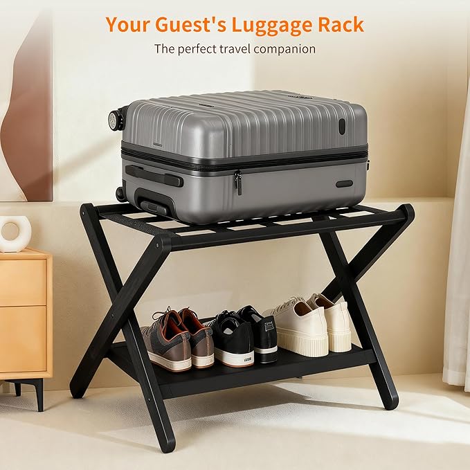 Heybly Luggage Rack, Pack of 2, Folding Suitcase Stand with Storage Shelf, Heavy-Duty Luggage Holder for Guest Room Bedroom Hotel, Holds up to 165 lb,Black, HLR010B2