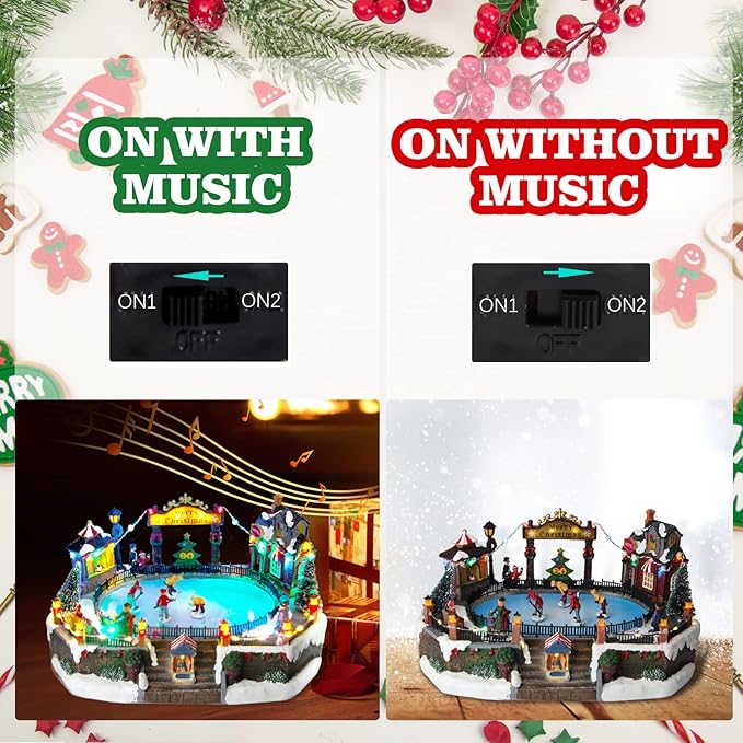 Christmas Village House Figurines Christmas Decor Estatua de la cabaña del Pueblo navideño Christmas Home Decoration Snow Globe Display Skating Pond Animated Multicolor Lighted with 8 Music X-Large