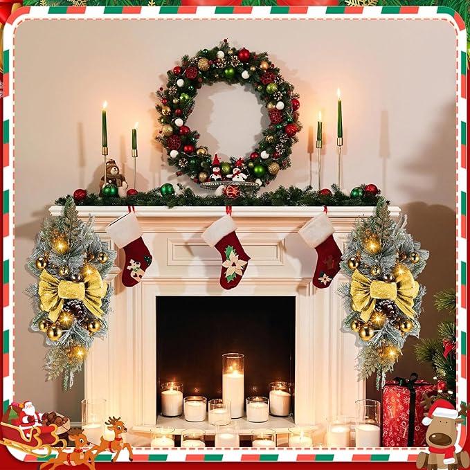 Lyrow 4 Pcs Cordless Prelit Christmas Artificial Swags 24" Xmas Stairway Swag Teardrop Trim Christmas Staircase Decoration Battery Operated Garland Indoor Outdoor Railing Decor (Chic Style)
