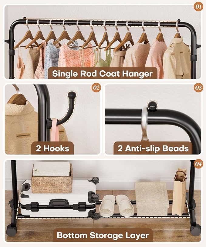 Homde Heavy Duty Clothes Rack: 120lb Standing Garment Storage for Indoor - Rolling Hanging Rod for Bedroom Laundry Room - Coat Dress Organizer on Wheels with luggage shelf (Black, 46.5")