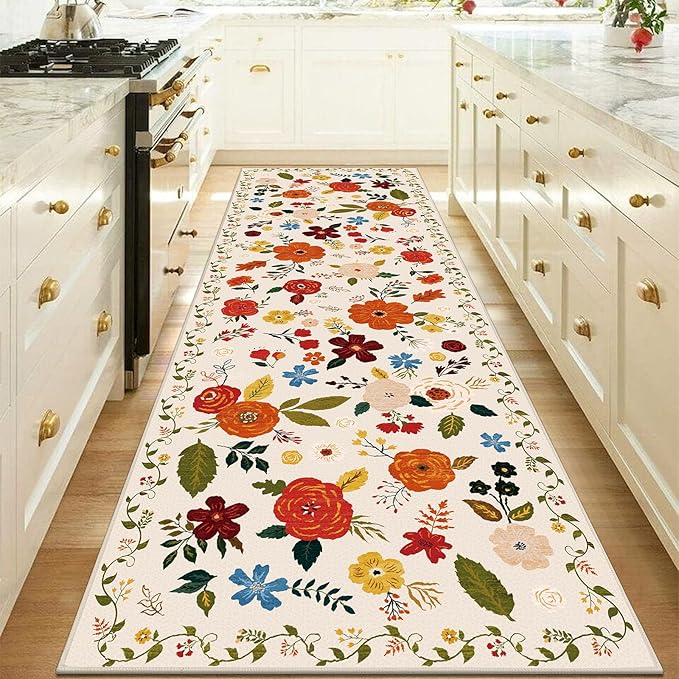 U'Artlines 2'6" x 8' Boho Runner Rug for Hallways Kitchen Colorful Floral Soft Non Slip Washable Floor Carpet Runners for Entryway Laundry Room Bathroom Beige