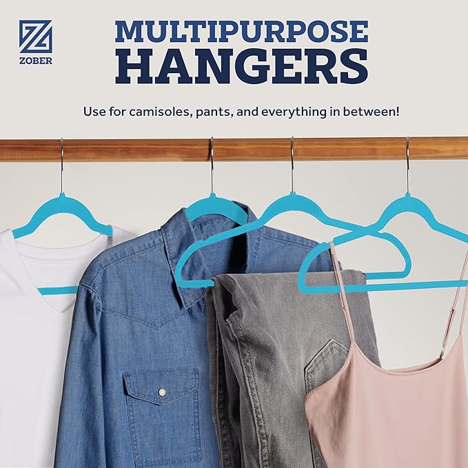 ZOBER Turquoise Velvet Hangers 50 Pack - Clothes Hangers, Coat Hanger for Pants & Dress Clothes - Non Slip w/ 360 Degree Swivel, Holds up to 10 lbs - Strong Felt Hanger for Clothing