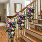 Svndlyn 24 Inch Pre-lit Peony & Rose Floral Swag for Front Door - Teardrop Spring Wreath with Timer, 20 LED Lights, Pink & Purple Vertical Wall Decor for Front Door,Wedding (Battery Operated)