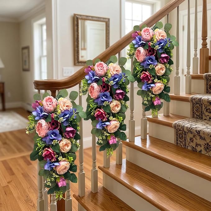 Svndlyn 24 Inch Pre-lit Peony & Rose Floral Swag for Front Door - Teardrop Spring Wreath with Timer, 20 LED Lights, Pink & Purple Vertical Wall Decor for Front Door,Wedding (Battery Operated)