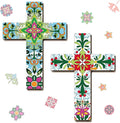 Pinkunn 2 Pcs Mexican Cross Wall Decor Floral Day of The Dead Decoration Hand Painted Wood Wall Art Dia De Los Muertos Altar Decorations Spanish Cross Decor for Home(Vibrant Flower)