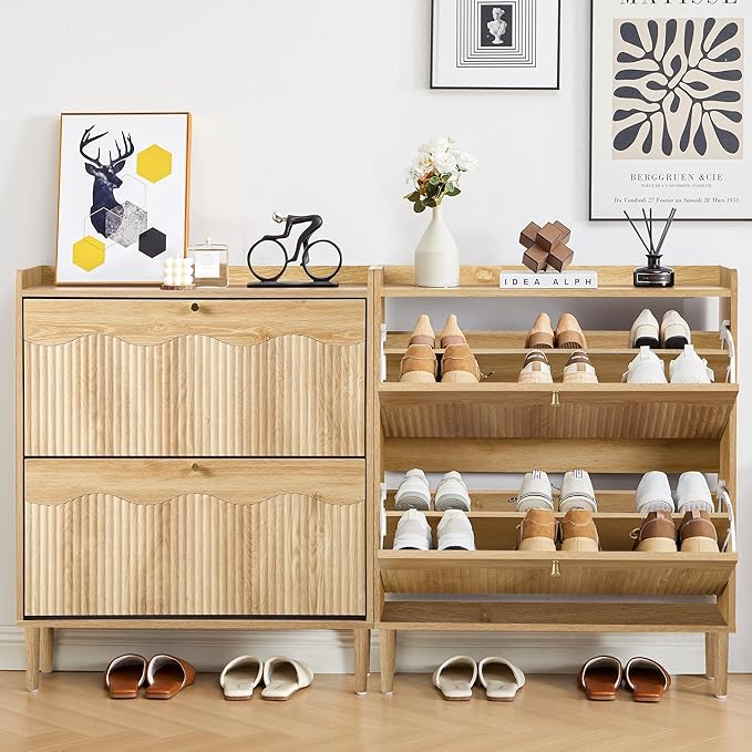 BERRYMERRY 31.5” Fluted Shoe Storage Cabinet for Entryway, 2 Flip Drawers Narrow Shoe Organizer Cabinet with Wave Profile for Hallway,Living Room