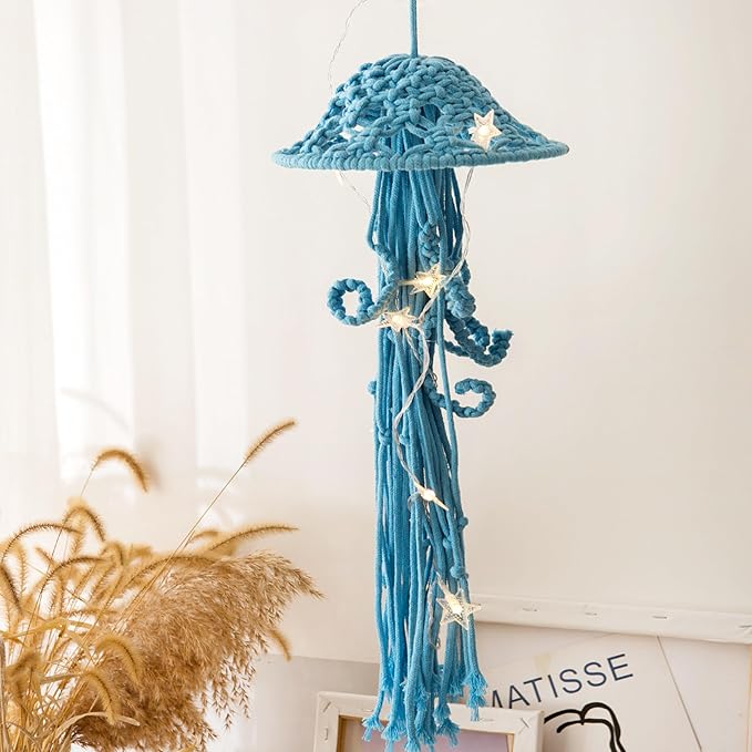 Macrame Wall Hanging,Jellyfish Dream Catcher with Star Lights,Bohemian Woven Wall Art Decor Beautiful Apartment Dorm Room Door Decoration (Blue)