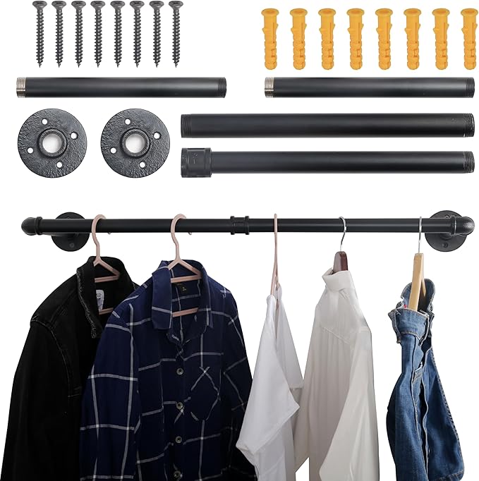 WEBI Clothing Rack Wall Mount,32" Industrial Pipe Clothes Rack for Hanging Clothes,Heavy Duty Iron Garment Rack Bar,Retail Display Clothes Rod for Closet,Laundry Room,Black,2 Packs