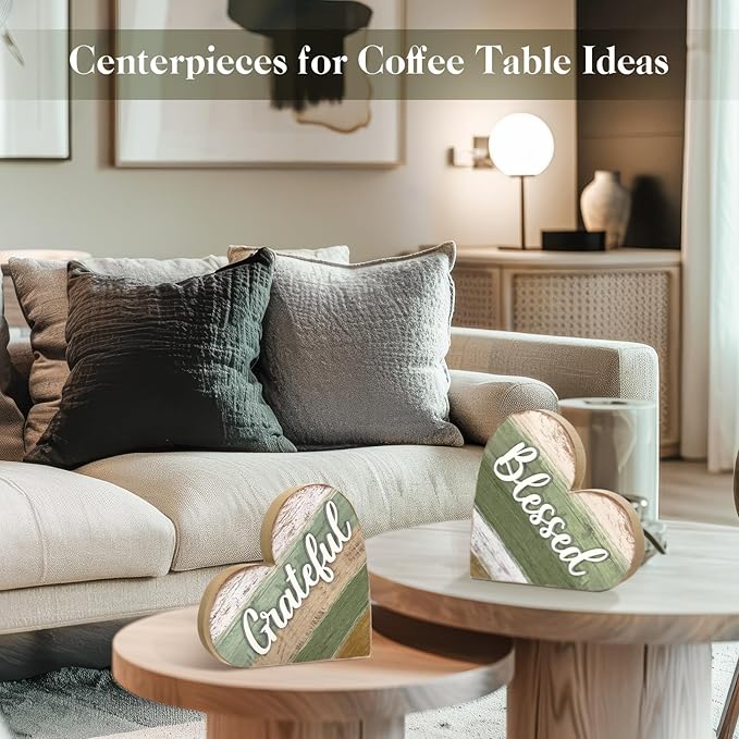 Jetec 2 Pcs Rustic Decorations for Living Room Home Shelf Mantel Entryway Table, Farmhouse Knick Knacks Christian Table Centerpiece Wooden Heart Decor for Dining Room Housewarming Gift(Blessed Style)
