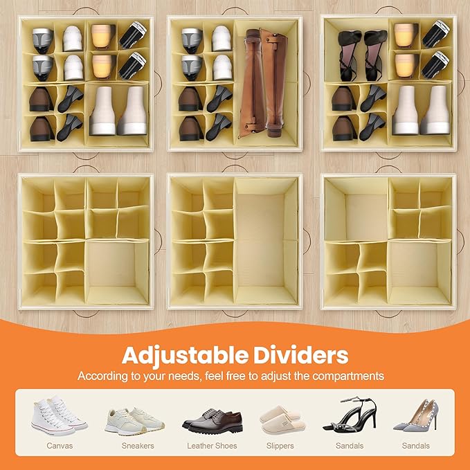 Shoe Organizer for Closet, 2 Pack Shoe Storage Organizer with Wheels and Adjustable Dividers, Stackable Shoe Storage Box with Clear Cover, Foldable Closet Shoe Organizer Fits up to 16-32 Pairs, Beige