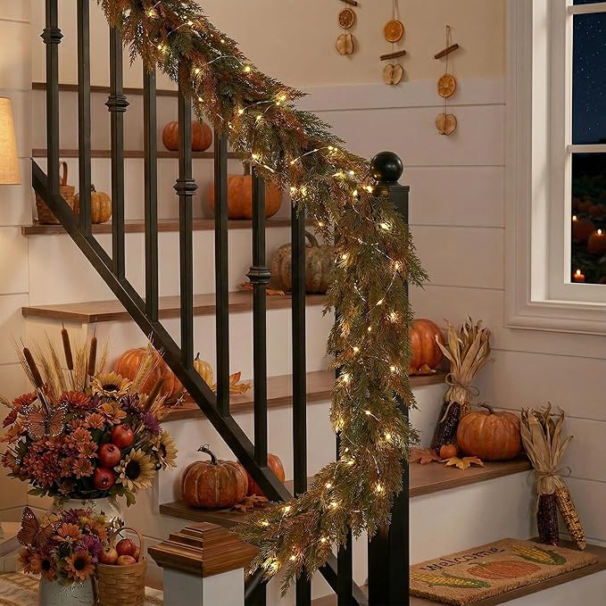 Valery Madelyn 24 inch Fall Pumpkin Teardrop Swag Autumn Harvest Door Hanger with Green & White Mini Pumpkins, Eucalyptus, Raffia, Berries and Striped Bow for Front Door Thanksgiving Table Centerpiece