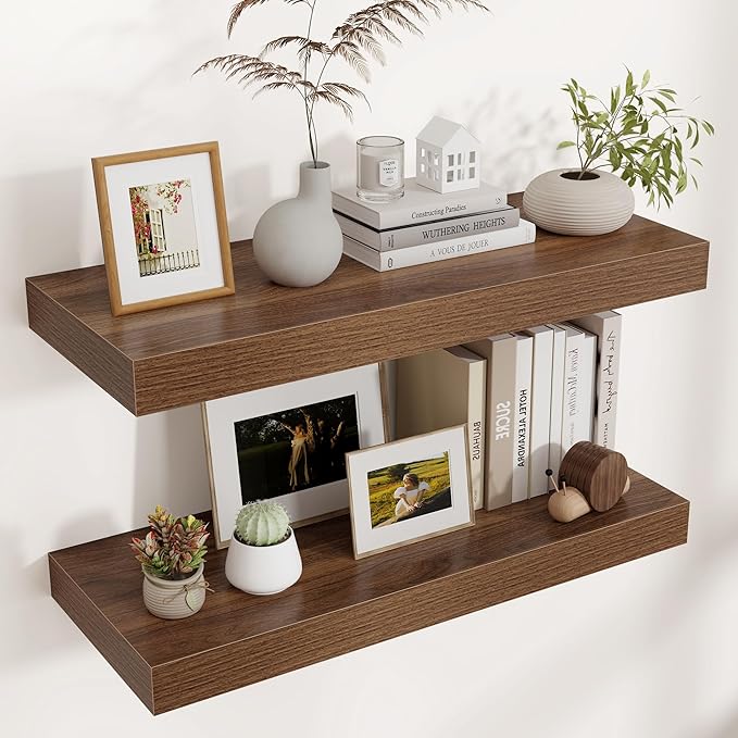 Venusmiles Floating Shelves for Wall, 30" W x 12" D x 2" H, 2 Pack of Long Wall Mounted Engineered Wood Shelves with Invisible Brackets for Living Room, Bedroom, Bathroom, Kitchen Decor, Walnut