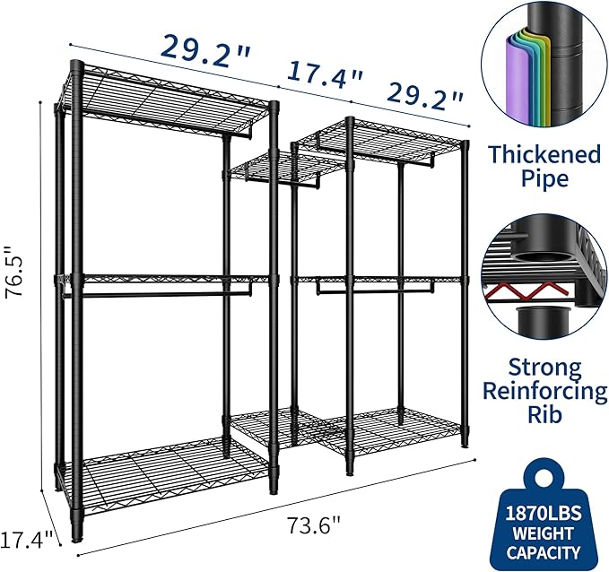 Heavy Duty Portable Closet Wardrobe Load 1874LBS,Metal Clothes Rack Garment Rack Free Standing Closet Organizers and storage with 8 Adjustable Shelves, 5 Hanging Rods 76.5"H x 73.6"L x 17.4"W