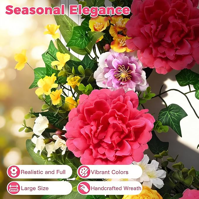 Yastouay Spring Summer Wreaths for Front Door, 24 Inch Large Spring Summer Door Wreath with Vibrant Peonies Hibiscus Flowers, Spring Wreath for Front Door Farmhouse Porch Wall Window Indoor Outdoor