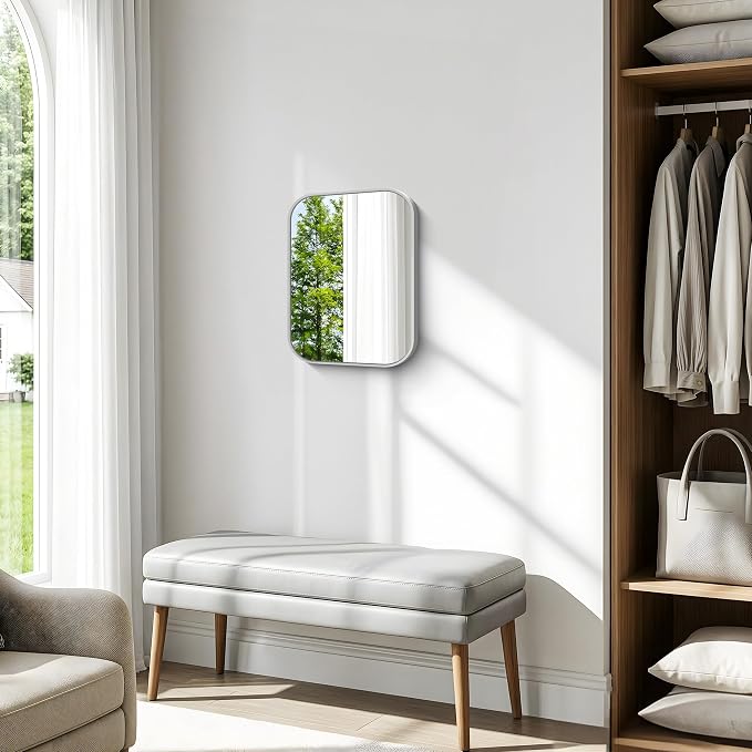 BONEWEI Silver Bathroom Mirror,16x20 inch Wall Mirror for Bathroom Wall Mounted,Rectangle Mirror for Bathroom Over Sink,Modern Frame Round Corner for Living Room,Bedroom Entryway,Horizontal/Vertical