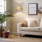 Oneach Arc Floor Lamp for Living Room,Rattan Boho Floor Lamp with Hand-Woven Wicker & Fabric Shade, Foot Switch,Gold Metal Base & Pole,Farmhouse Standing Lamp for Bedroom Corner,Office,Reading