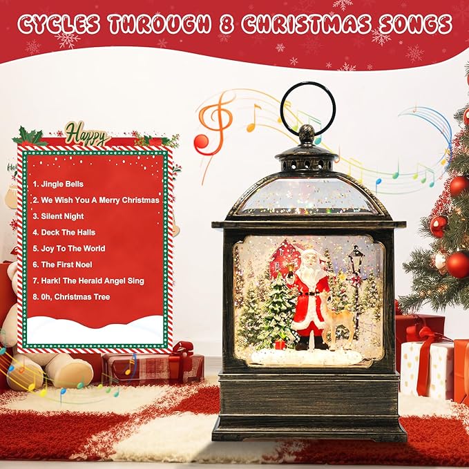 Christmas Snow Globe Lantern with Santa 8 Music Songs & 6H Timer Water Snow Globe Lantern USB & Battery Operated for Christmas Festival Decorations Gifts (Santa)