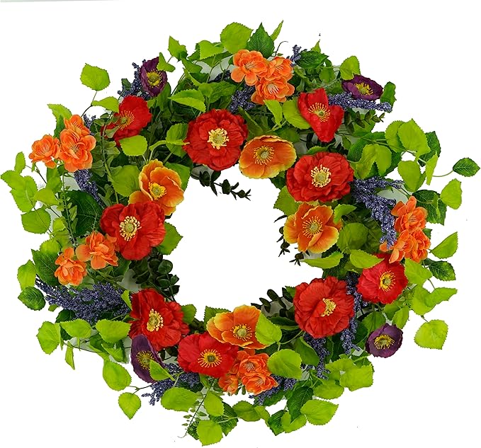 WreathDream 22 inch Artificial Spring Summer Wreaths for Front Door Poppy Wreath with Lavender Ear,Cherry Blossom,for Front Door Indoor Outdoor Home Farmhouse Decor