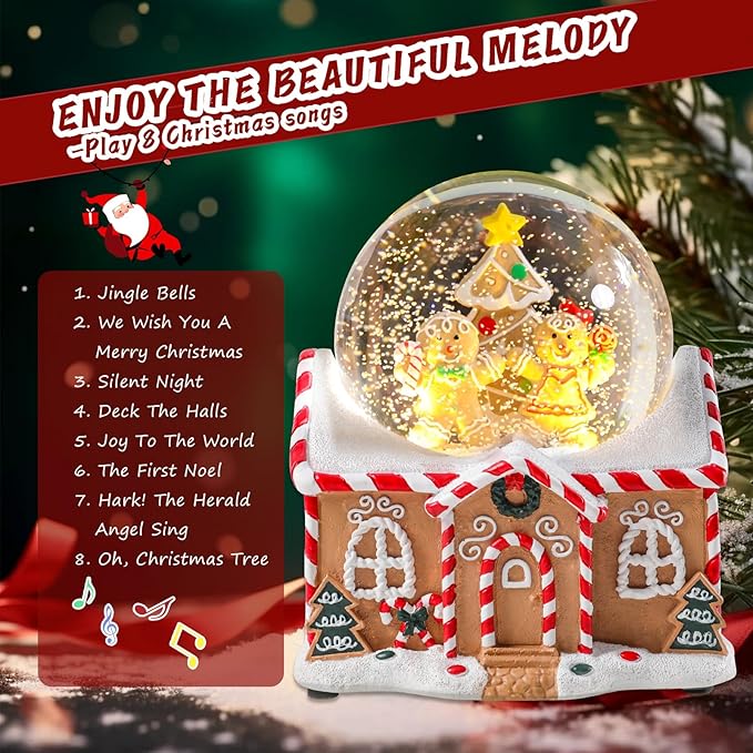 Vipush Christmas Snow Globe - Gingerbread Man Musical Snow Globe with Color Changing Led Lights, Christmas Decorations with Music Box Gifts for Girls Kids, Dog Decorations for Christmas & Birthday