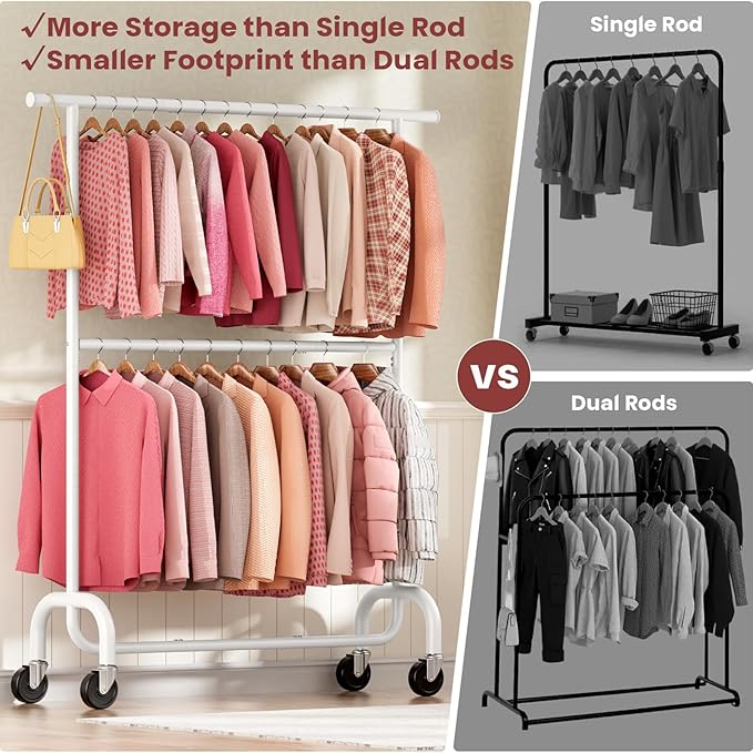 Heavy Duty Clothes Rack Load 600 LBS, Rolling Clothing Rack for Hanging Clothes with Lockable Wheels, Double Rod Garment Rack for Bedroom, Laundry, Clothing Store, White