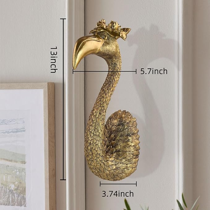 GUSFREUD Vintage Animal Head Wall Decor - 13" Resin Flamingo Wall Art For Home Decor, Gold Bird Wall Sculptures for Living Room, Bedroom, Kitchen, Unique Gift Idea