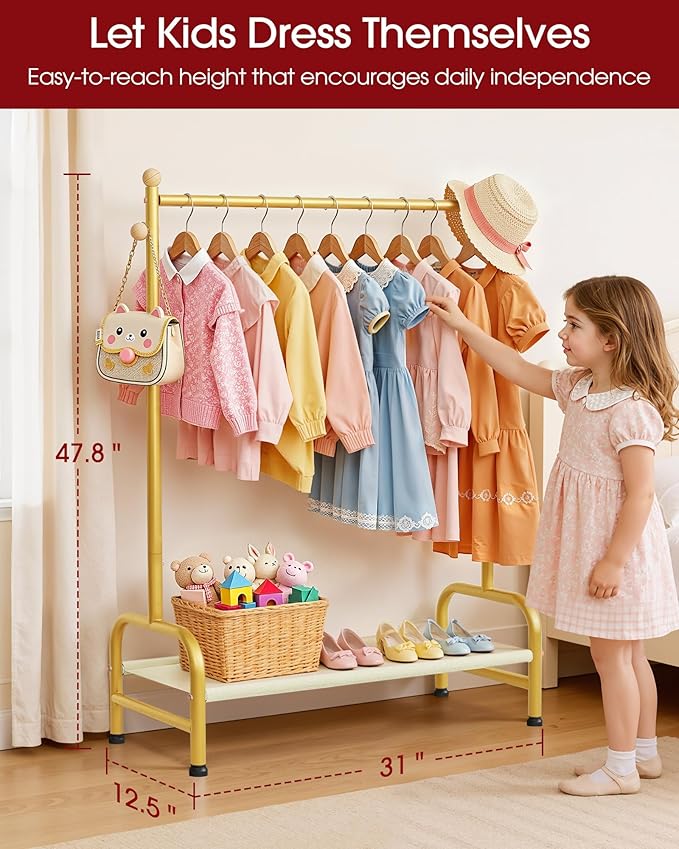 Clothes Rack - Sturdy Metal Kids Clothing Rack with Bottom Storage Shelf & Adjustable Feet, Dress Up Storage for Toddler's Bedrooms, Nurseries, Playrooms, 31" x 12.5" x 47.8", Gold