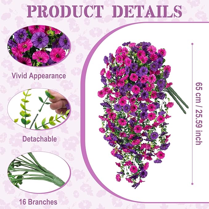 Artificial Hanging Petunias Flowers for Outdoor, 2pcs Fake Plants Long Vine Morning Glory Eucalyptus, UV Resistant Realistic Faux Greenery Indoor Outside Patio Porch Garden Spring Summer Decor, Purple
