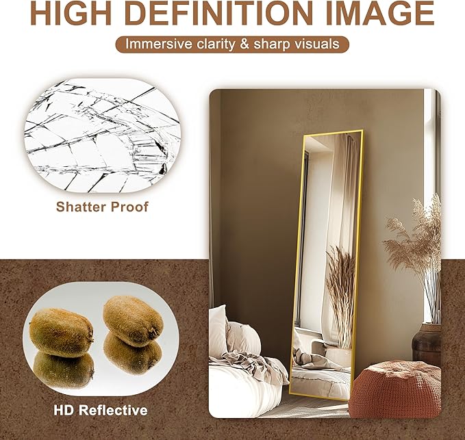 Delma Full Length Mirror,Large Floor Mirror with Aluminum Frame for Bedroom, Bathroom, Living Room,Wall Mount or Freestanding Design(with Stand,Rect 56x15-Gold)