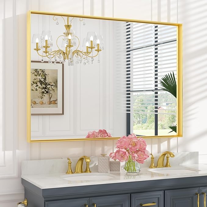 Keonjinn Gold Bathroom Mirror 48 x 36 Inch, Brushed Gold Metal Framed Mirror, Rectangular Square Corner Large Vanity Mirrors for Wall, Oversized Rectangle Mirrors for Over Sink
