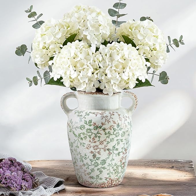 Enra Farmhouse Vintage vase with Handle,9.4 in Ceramic Chinoiserie Floral Vase,Green and Beige Decorative Flower vase,Large Rustic Vases for Home Decors, Living Room, Bookshelf, Office
