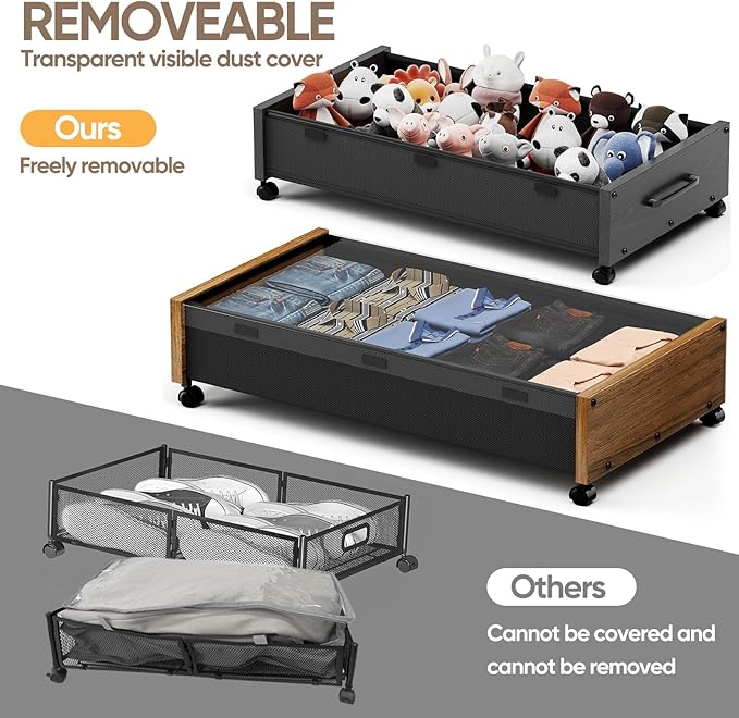 Under Bed Storage with Wheels, 2 Packs Wooden Storage Containers Extra Large Underbed Shoes Organizer, Rolling Under Bed Storage Drawers with Clear Lid, Heavy Duty for Clothes Toys 36"L (Vintage)