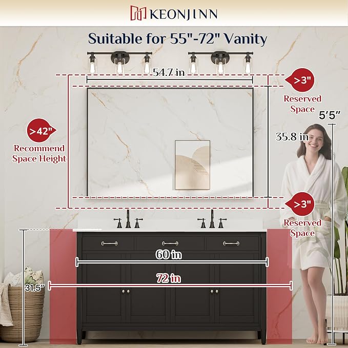 Keonjinn 55 x 36 in Brushed Nickel Bathroom Mirror for Over Sink, Rectangular Silver Metal Framed Rectangular Vanity Wall Mirror Square Corner Modern Farmhouse Rectangle Mirror(Horizontal/Vertical)