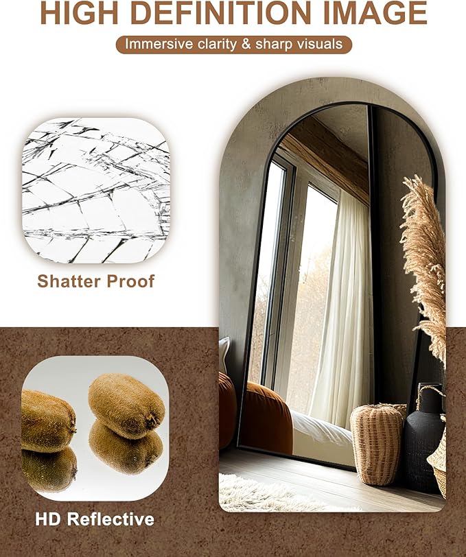 Delma Full Length Mirror, Large Floor Mirror for Wall, Bedroom, Bathroom, Living Room with Aluminium Frame (Stand, Arch 70x35, Black)