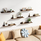upsimples Floating Shelves for Wall, 23.6 Inch Shelves for Decor Storage Set of 6, Wall Mounted Wood Shelf for Bedroom, Living Room, Bathroom, Kitchen, Long Picture Ledge Shelves, Brown