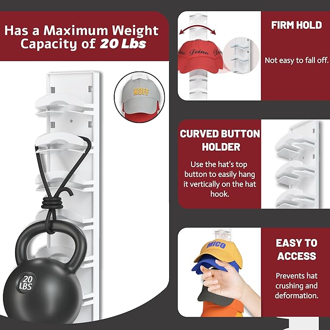 Hat Organizer Hold up to 10 Hats, Hat Rack for Wall with Strong Adhesive, Hat Organizer for Baseball Caps Display for Door Closet, Hat Hanger Holder Storage Multilayer Two Mounting Option(White)