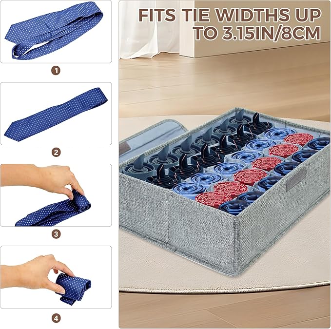 PINGMIC Gray Sock Organizer Divider 2 Pack with Lid - 30 Cell Foldable Closet Storage, Tie Organizer For Men Boxes for Socks, Ties, Belts