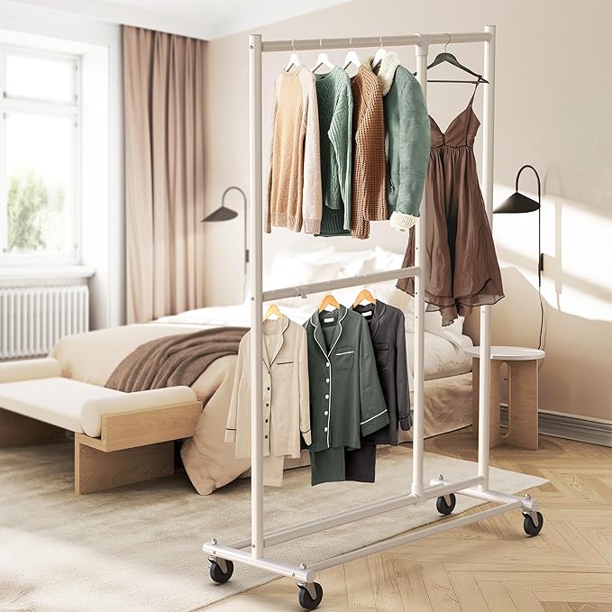 Simple Houseware Dual Bar Adjustable Clothing Garment Rack, 72 Inches Height, White