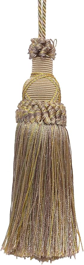 DÉCOPRO 5 1/2" (14cm) Key Tassel 4" (10cm) Loop with Criss Cross Design (Style# KTIC) Cashew Beige Multicolor #2935 (Light Beige Mint Green Yellow Gold) Sold Individually