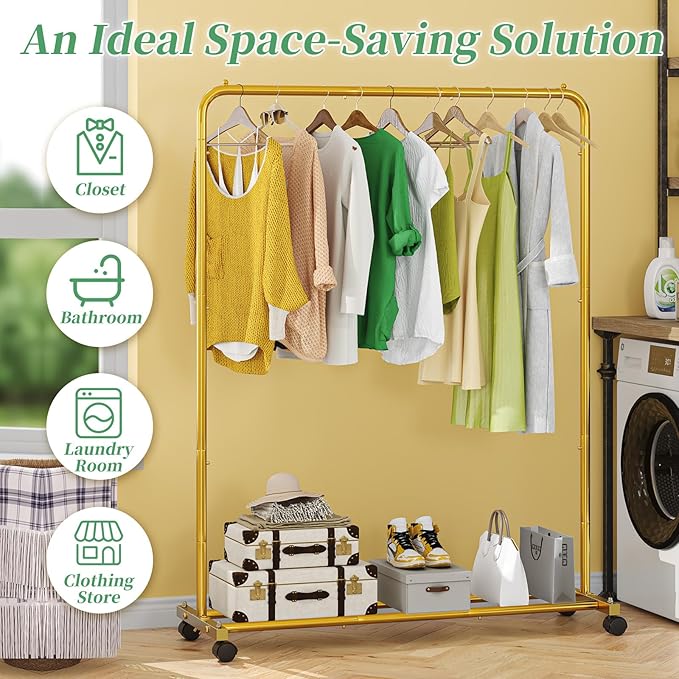 Simple Trending Standard Clothes Clothing Garment Rack with Storage Shelves, Rolling Clothes Organizer on Wheels for Hanging Clothes, Gold