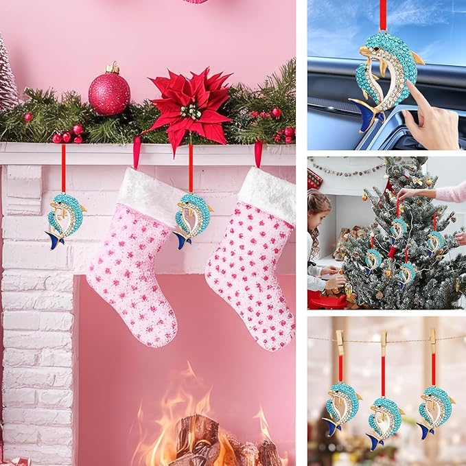SICOHOME Dolphin Ornaments for Christmas Tree - Coastal Sea Ocean Hawaii Beach Themed Christmas Hanging Ornament with Rhinestones for Christmas Tree Gifts for Ocean Lover, Nautical Enthusiast - Blue