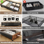 Under Bed Storage with Wheels, Underbed Shoe Storage Containers, Under the Bed Storage Drawers with Lid, Wooden Rolling Blankets Clothes Storage Metal Drawer for Bedroom Dorms Room (Walnut 2pack)