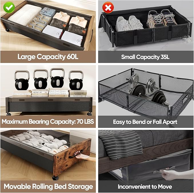 KITHELP Wooden Under Bed Storage with Wheels, Rolling Under the Bed Storage Bins with Removable Lid, Metal Under Bed Drawers for Clothes and Shoes in Bedroom or Living Room(Vintage Brown-1pack)