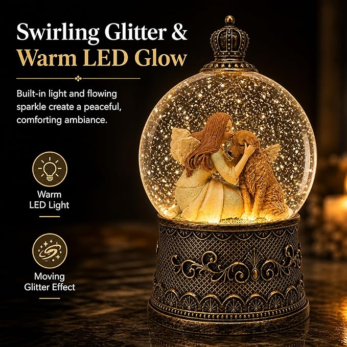 Dog Memorial Gifts for Loss of Dog Sympathy Gift，Snow Globe with Auto Swirling Glitter & 6H Timer, Battery or USB Powered, Dog Passing Away Gifts for Home Decor