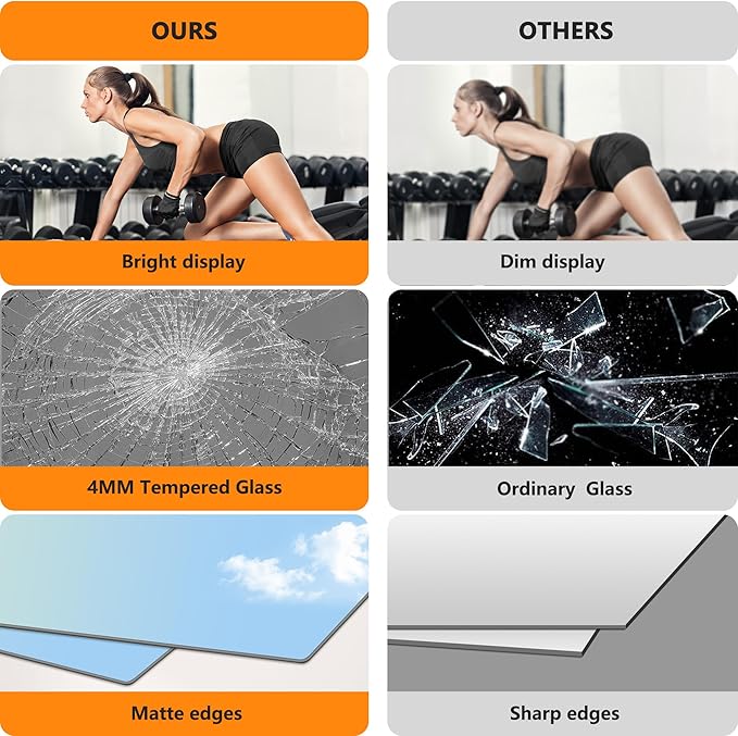 TRAHOME Home Gym Mirror for Wall,50x25x2PCS Full Length,Glass Frameless Body Large Mirror for Home Gym,Workout,Bedroom,Garage(Black)