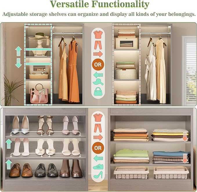 Closet System, 4.2–8.8 FT Closet Organizer with 2 Wooden Drawers and Shelves, Walk-in Closet System with 5 Hang Rods, Built-in Closet Tower, Can Fit 60 to 96 inch, Morandi Grey